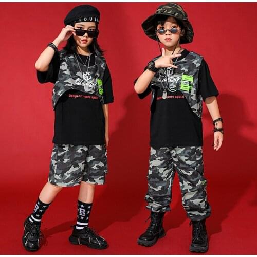 Boys Street Dance Vest Shorts Girls Hip Hop Camouflage Joggers Clothes Sets Kids Military Cargo Pants Child Costumes Streetwear