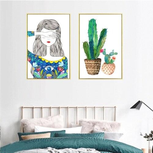 Creative Art Colorful Hand Painted Plant Cactus Potted And Girl Poster Print Canvas Pictured Home Wall Art Deco Wall Sticker
