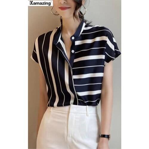 Summer Women Casual Striped Shirt Short Sleeve Office Lady Commuting Chiffon Shirt