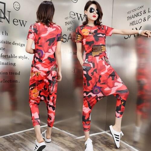 Moda Mujer 2021 2 Piece Set Women Summer Korean Outfit Loose Printing Short Sleeve T Shirt Baggy Pants Hip Hop Camouflage Sets