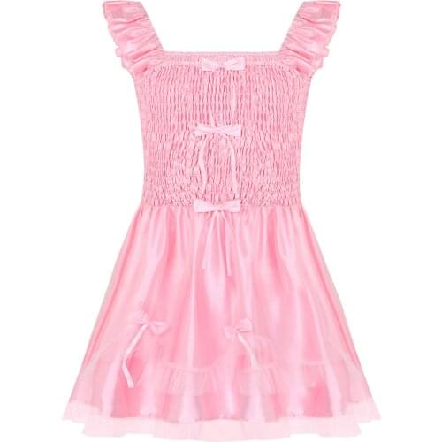 Men Adults Sissy Dresses Sleeveless Ruffled Bodice with Ribbon Bows Stretchy Satin Dress Lolita Adult Baby Cross Dresser Costume