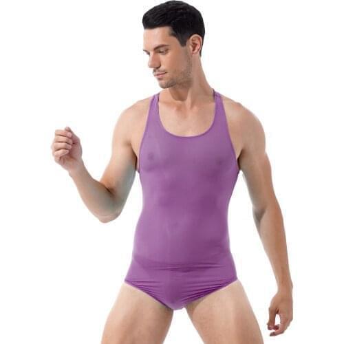 Men One-piece Transparent Jumpsuit Solid Round Neck Sleeveless Bodysuit Wrestling Singlet Stretchy Leotard Swimsuit Swimwear