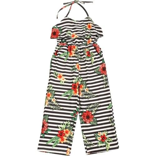2021 New Kids Girls Halter Striped Floral Print Jumpsuit Stylish Jumpsuit For Children Girls Skin-Friendly And Breathable