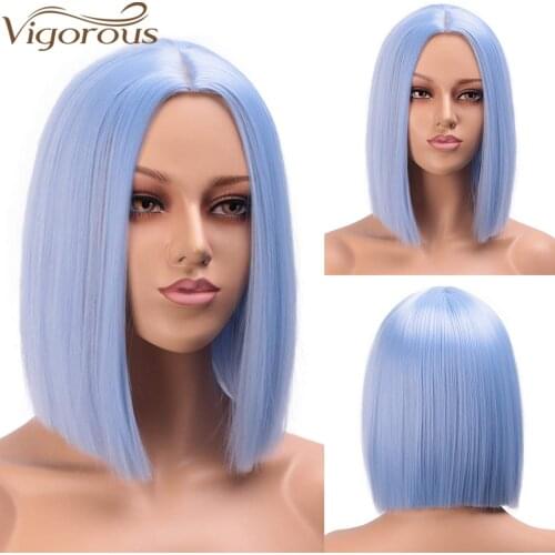 Vigorous Short Straight Bob Synthetic Wig Light Blue Hair for Women Pink Purple Colorful Cosplay Wig Heat Resistant