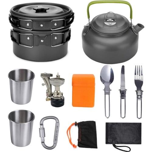 Outdoor Pots Camping Cookware Picnic Cooking Set with Stove Spoon Fork Knife Kettle Non-Stick Tableware for Camping 2-3 Person