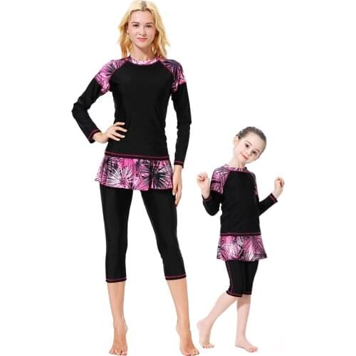 Plus Size Long Sleeve Hijab Muslim Swimsuit Skirt Family Matching Swimwear Women And Girl Borkini Mujer Islamico Three Pieces