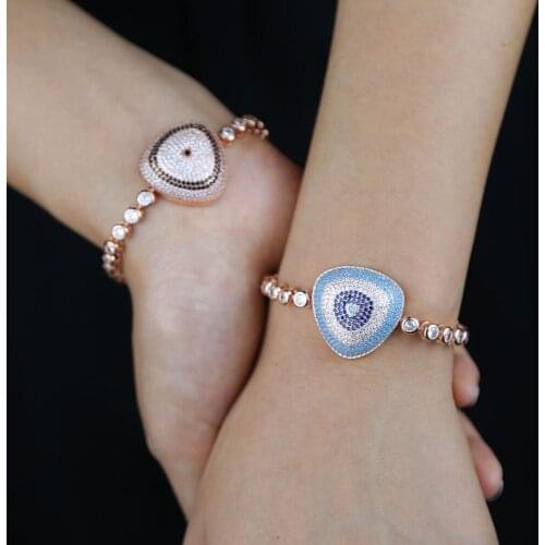 Rose gold color coffee blue turquoises cz stone bezel tennis chain lucky turkish evil eye charm bracelet