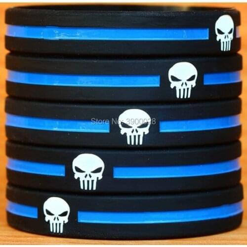 100pcs Skull with Thin Blue Line silicone wristband bracelet free shipping by ePacket