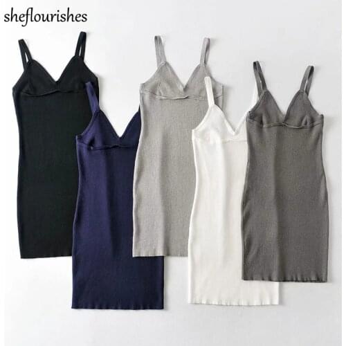 Knitted dress women summer solid dresses sexy mini dress korean spaghetti strap dresses bodycon v neck dress white sundress 2021