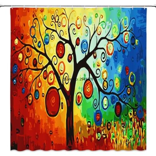 Colorful Tree Printed Bath Waterproof Curtain 3D Polyester Fabric Shower Curtain with 12 Hooks for Mildewproof Bathroom Decor