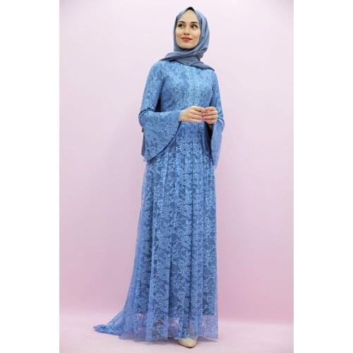 Full Closed Muslim Women Hijab Lace Filet Lace Tailed Evening Dress Blue
