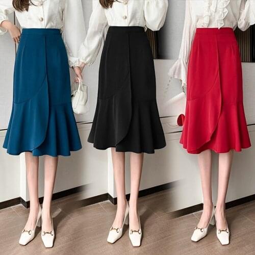 2021 Spring & Summer Midi Skirts New Elegant Women Mid-length Fishtail Skirt Female High Waist A-line Ruffled Sexy Skirt BSQ333
