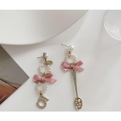 Origin Summer Elegant Pink Color Bowknot Long Earrings for Women Romantic Imitation Pearl Asymmetric Drop Earrings Cute Jewelry