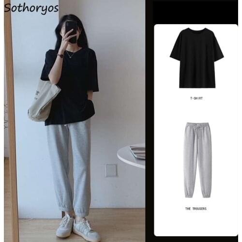 Sets Women Leisure Cozy Loose O-neck Solid Half Sleeve T-shirts Elastic Waist Females Sweat Trousers Hip Hop Chic Summer New