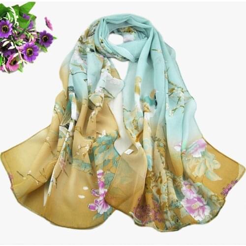 Women Silk Scarves Flower Printing Muslim Summer Square Long Handkerchief Chiffon Shawls and Wraps Towel