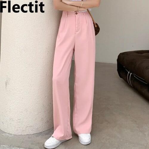 Flectit High Waist Wide Leg Pants Women Pink Full Length Relaxed Pleated Suit Trousers Ladies Outfit