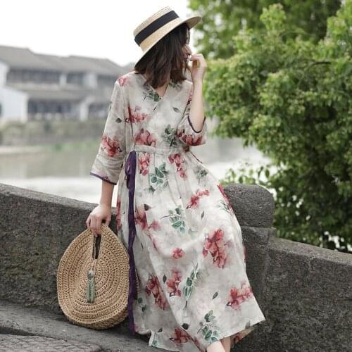 Women Spring Summer Ramie V Neck Dress Ladies printed Loose Dresses Female 2021 Ramie Dresses