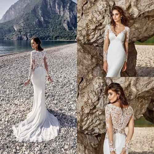 2019 Isandra Mermaid Wedding Dresses V Neck Long Sleeve Chiffon Vintage Lace Beach Wedding Gowns Vestidos De Noiva
