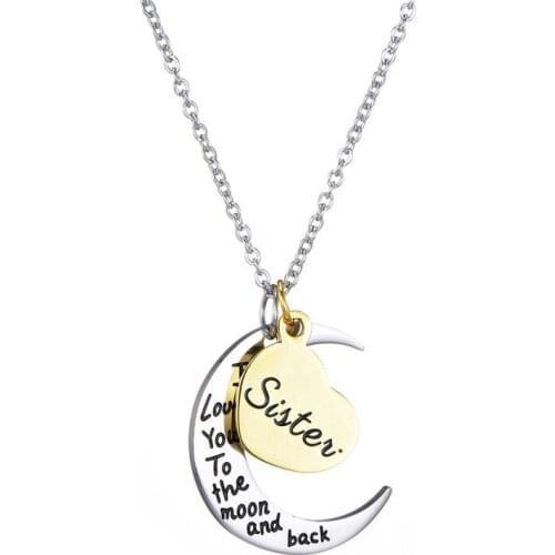 Gold Stainless Steel Heart Moon Pendants Necklace Women Fashion Heart With Sister Words Necklace Jewelry For Girls Family Gifts