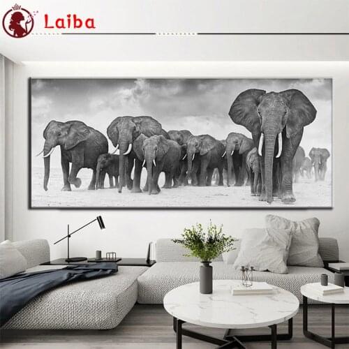 Diamond Mosaic Black and white animal art, elephant herd Picture Diamond Painting Cross Stitch Embroidery Needlework Wall Art