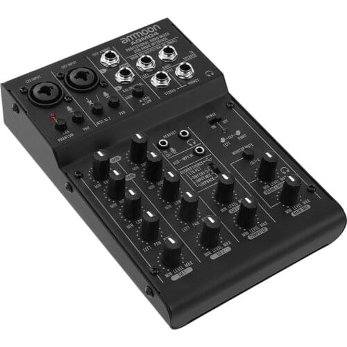 Ammoon AGM04 4-Channel Mini Mixing Console Digital Audio Mixer 2-band EQ Built-in 48V Phantom Power 5V USB Powered for DJ Live
