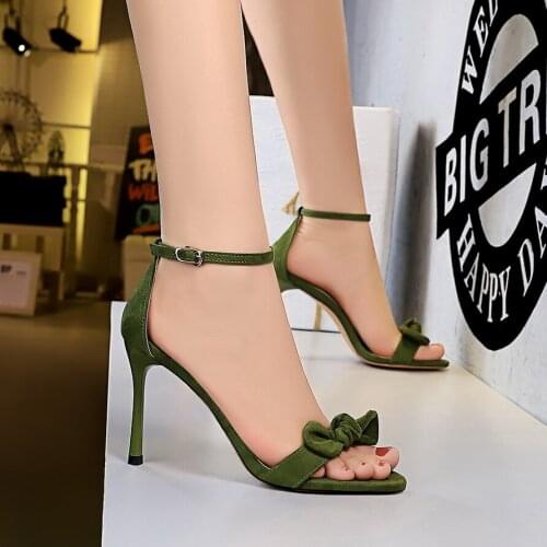 BIGTREE Korean fashionable slim womens shoes in summer new style stiletto high heel suede bow knot with open toe sandals