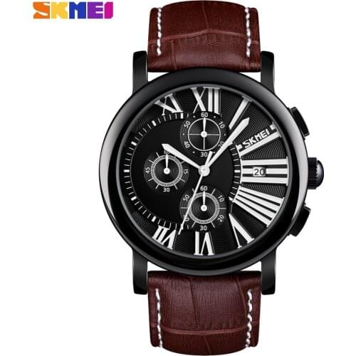 SKMEI New Fashion Men Watch Analog Quartz Wristwatches Sport Date Leather Strap Stopwatch Waterproof Clock Relogios Masculino