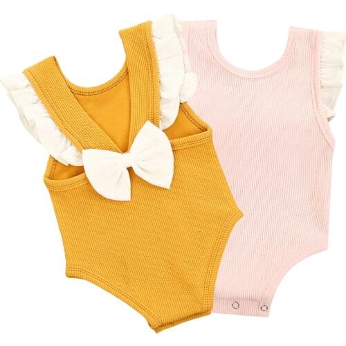 New Babys Casual Bow Romper, Round Neck Falbala Flying Sleeve Loose Elastic Jumpsuit, Daily Life