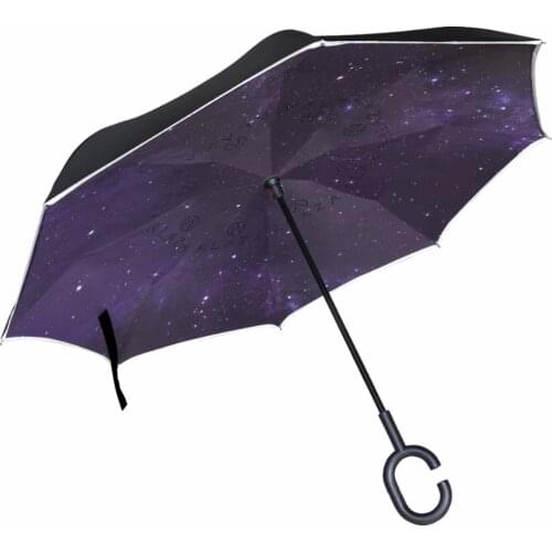 Drop Shipping Sky Galaxy Windproof Reverse Folding Double Layer Inverted Umbrellas Self Stand Rain Sun Protection C-Hook For Car