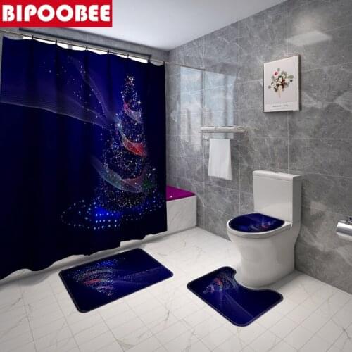 Blue Christmas Tree Print Shower Curtain for Bathroom Festival Decoration Pedestal Rug Non Slip Toilet Cover Floor Bath Mat