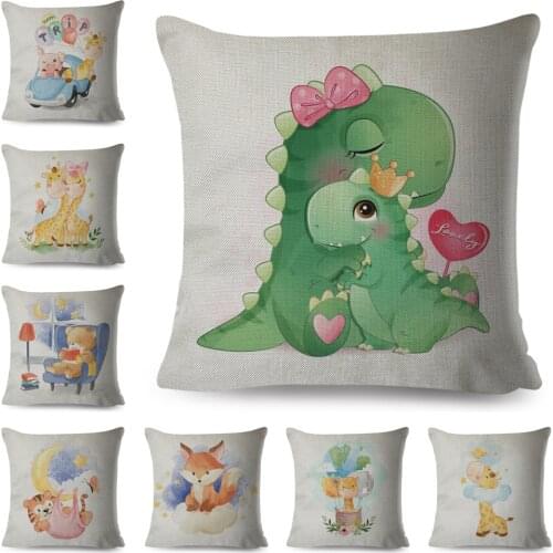 Cute Cartoon Animal Print Cushion Cover Decor Dinosaur Lion Giraffe Pillow Case Linen Pillowcase for Children Room Sofa Home