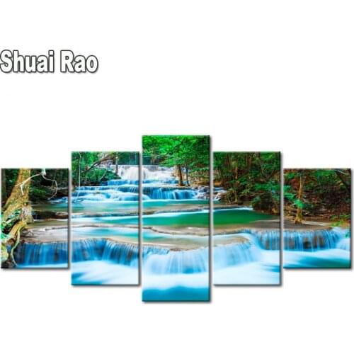 5 Panel Blue Waterfall Crystal Diamond Painting Full Square Round 5D DIY Diamond Painting Embroidery Landscape Cross Stitch Art