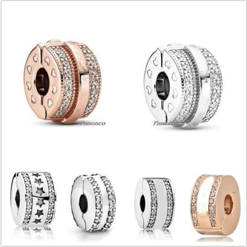 Authentic 925 Sterling Silver Sparkling Pave Lines & logo Clip With Crystal Charm Bead Fit Pandora Bracelet & Necklace Jewelry