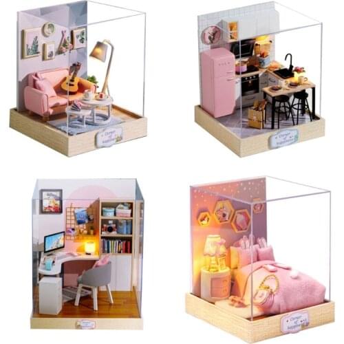 1Set Realistic DIY Dollhouse LED Dollhouse 4 Scenes Available Accessories Toy Pretend Playing Interactive DIY Mini House