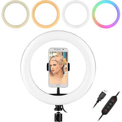 Photography 10 Inch LED RGB Ring Light Colorful Lamp 29 Lighting Modes USB Powered Phone Holder for Live Streaming Video Vlog