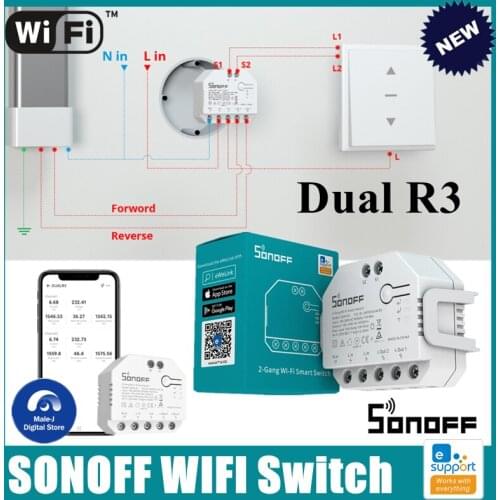 SONOFF DualR3 Mini WIFI DIY Smart Switch Two Way Power Metering 2 Gang/Way Timing Via eWeLink APP Work With Alexa Google Home