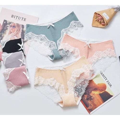 Japanese Ladies Lace Threaded Mid-waist Panties Feminine Breathable Bowknot Hip-lifting Cotton Crotch Girl Briefs