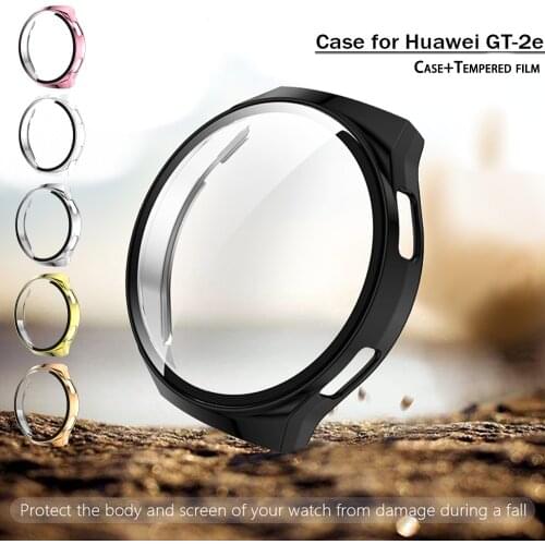 For gt 2e PC Protective Case Cover+HD Screen Tempered Film for Huawei GT 2e Smart Watch Protection Frame Plating Clear Shell