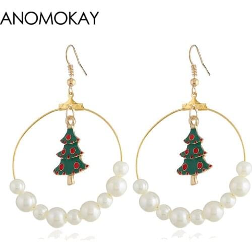 Big Circle Simulate Pearl Xmas Tree Earrings Ornament Gold Color Round Statement Earrings for Women Christmas Jewelry Gift