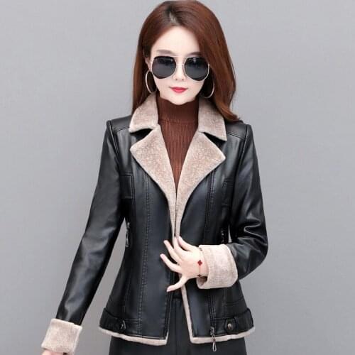 Women Winter Thick Velvet Warm Pu Leather Jackets New Faux Sheepskin Jackets Leather Zippers Biker Punk Coat Female Outerwear