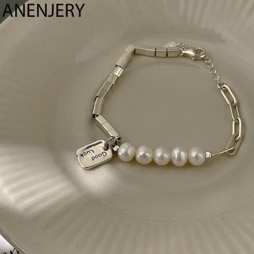ANENJERY 925 Sterling Silver Lucky Letter Brand Pearl Square Bracelet For Women Retro Simple Light luxury Jewelry Women Gift