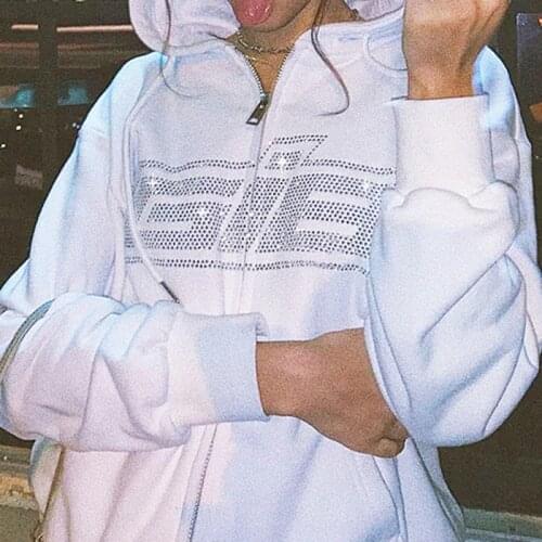 Harajuku Rhinestone Zipper Womens Sweatshirt Autumn Y2K Long Sleeve Oversized Vintage Loose Streetwear Casual Hooded Cardigan