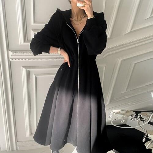 2021 Black Hooded Dress Woman Zipper High Waist Vestido Woman Clothing Korean Slim Elegant OL Dresses Female Spring Autumn Dress