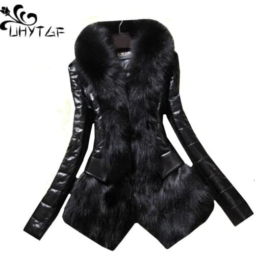 UHYTGF Women winter fur coat luxury pu leather splice Faux fox fur collar Slim warm outerwear Elegant female fur coat XS-3XL 120
