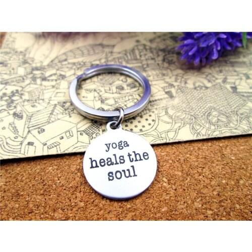 3pcs/lot 28mm stainless steel keyring with 20mm stainless steel circle "yoga heals the soul" charms keyring