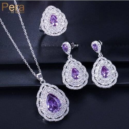 Pera Classic 7 Colors Choice Elegant Women Silver Color 3 Piece Big Pear Cut Drop Crystal Stone Sets for Party Gift J192