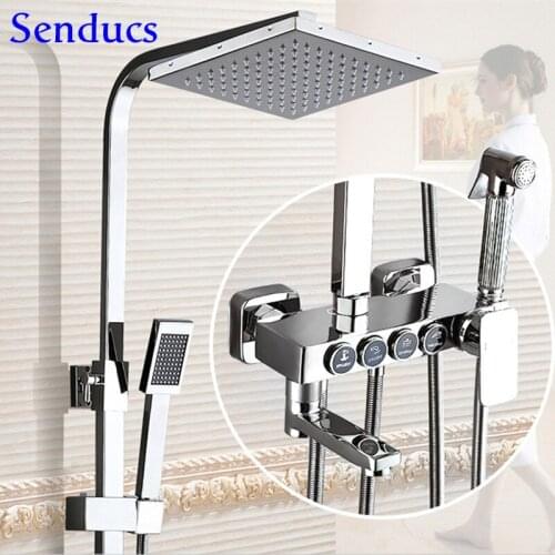 Black Shower Set Senducs Copper Bathtub Mixer Faucet Spa Rainfall Square Hand Shower Head Luxury Gold Thermostatic Shower System