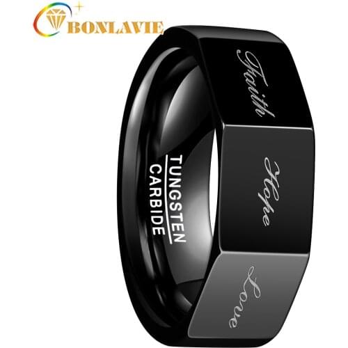 Black Color 8MM Wide Polished 3D Lettering Faith Hope Love Tungsten Steel Ring Men Carbide Ring Trendy Party Jewelry
