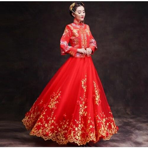 Autumn Traditional Show bride dress clothes long-sleeve chinese style Wedding cheongsam evening dress red vintage dragon gown