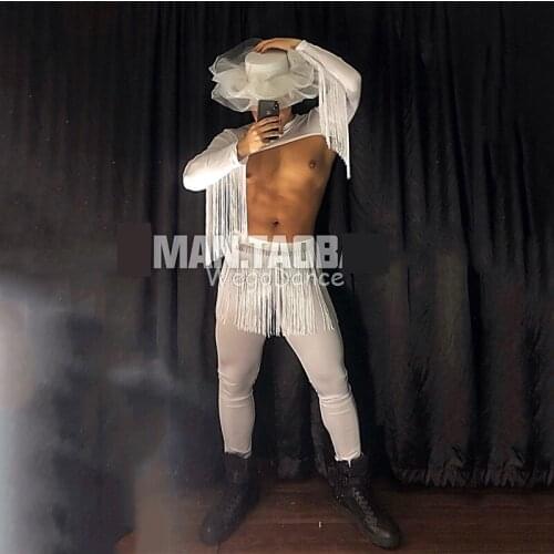 Tassel Jacket Mens Singer Bar Costume Nightclub Outfit top and pant set